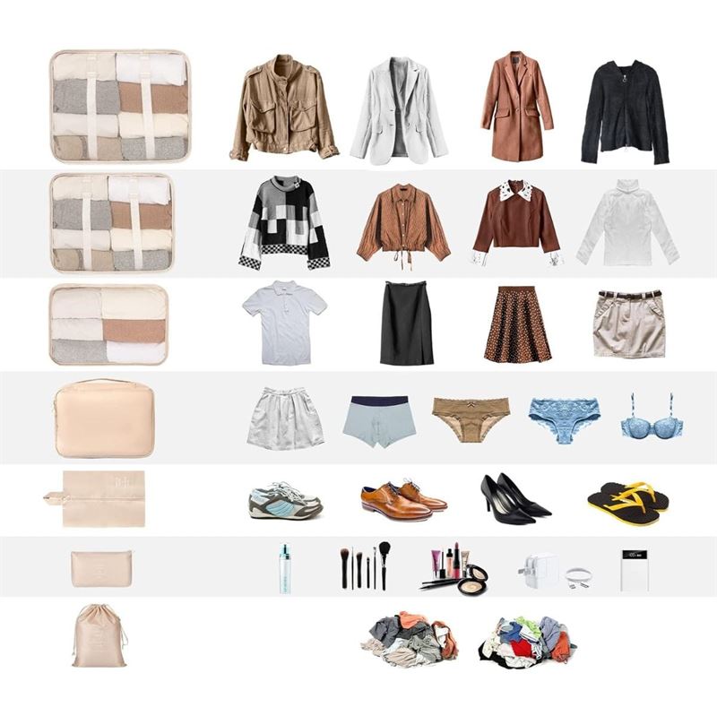 UNIQ Suitcase packing cube set - Perfectly organise and protect your luggage - Beige - 7 pieces - | Fashiongirl