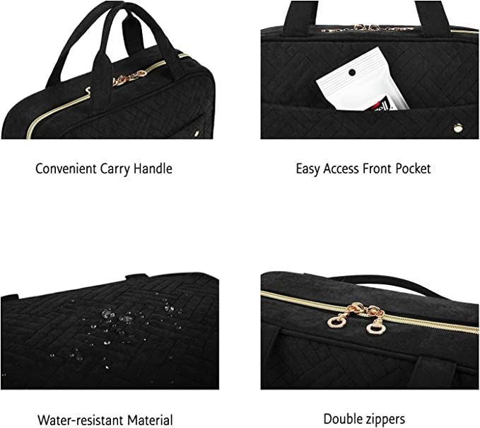 Collage displays features of the UNIQ Travel Toiletry Bag: black waterproof material with droplets, branded carry handle, easy-access front pocket with a white item, and two gold double zippers.