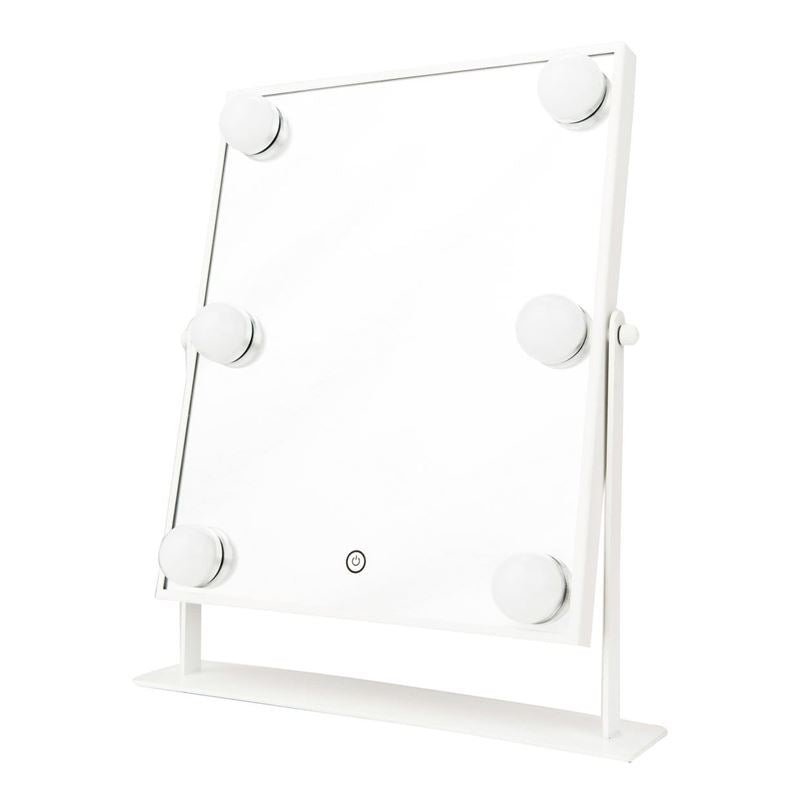 The UNIQ XL Hollywood make-up mirror by UNIQ features a white, rectangular design with 6 LED bulbs, a touch function, and is supported by a minimal white stand.