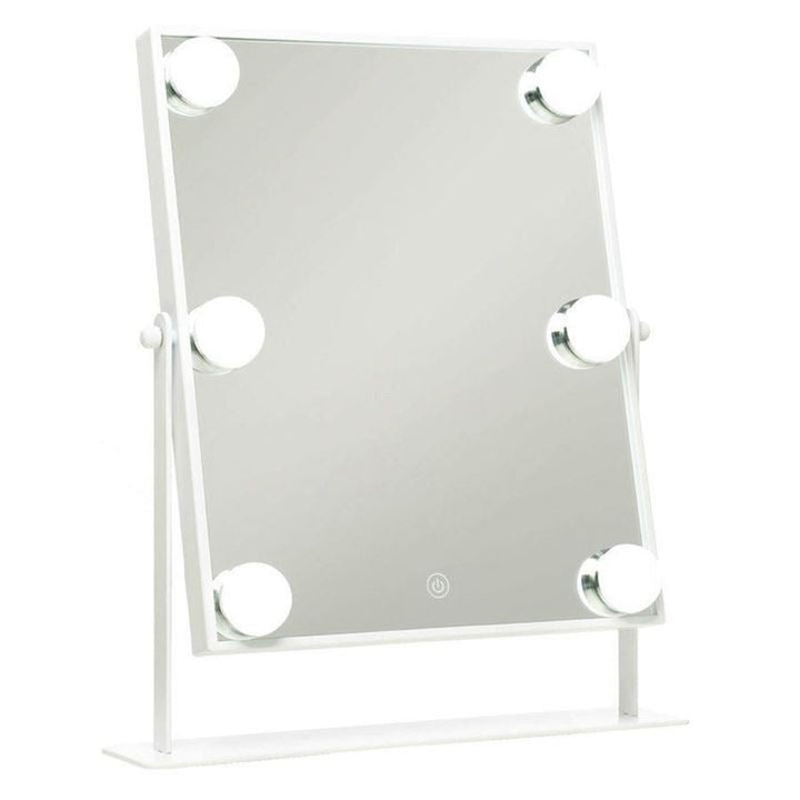 The UNIQ XL Hollywood make-up mirror by UNIQ features a white frame, six LED bulbs, and a touch power button at the bottom center for easy control.