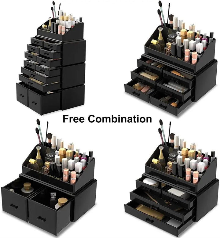 The UNIQ XXL Organiser with 12 drawers and 16 compartments in black displays cosmetics and brushes, featuring “Free Combination” in the center—a perfect acrylic makeup organizer for every beauty organiser lover.
