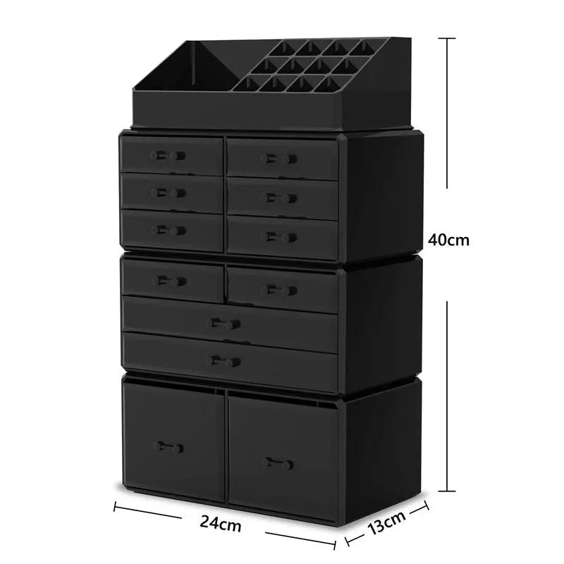 The UNIQ XXL Organiser features 12 drawers and 16 compartments in a sleek black design. Measuring 40 cm tall, 24 cm wide, and 13 cm deep, it offers open sections on top and variously sized drawers for organised storage.