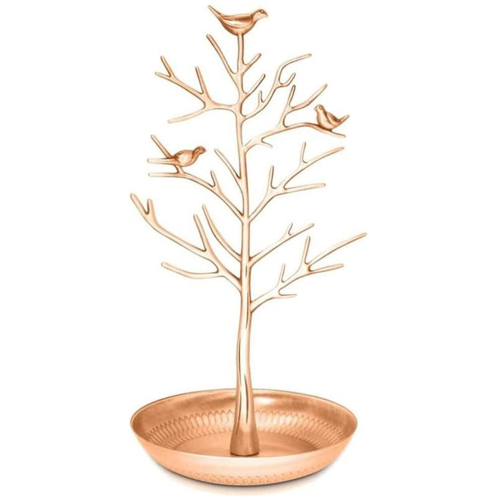 The UNIQ Bronze Vintage Jewelry Tree with 3 Birds is a stylish organizer display stand featuring bare branches and a round base dish, perfect for storing and displaying your favorite jewelry pieces.